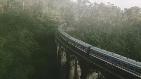 Aerial view passenger train crosses the iconic Nine Arch Bridge near Ella, .. Vídeos de archivo 309672180