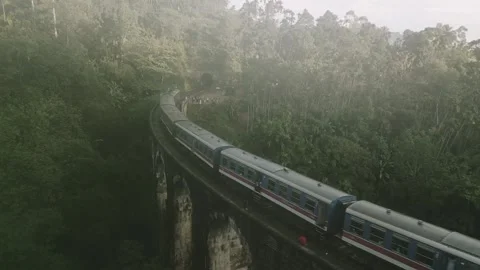 Aerial view passenger train crosses the iconic Nine Arch Bridge near Ella, .. Vídeos de archivo 309805578