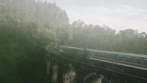 Aerial view passenger train crosses the iconic Nine Arch Bridge near Ella, .. Vídeos de archivo 324968882
