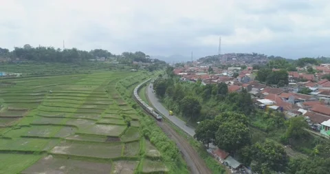 Aerial View of Passenger Train Passing by a Curved Rail and Rice Field Video stock 131105025