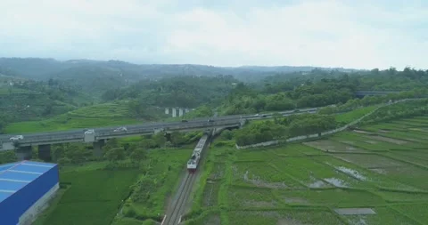 Aerial View of Passenger Train Passing by a Curved Rail and Rice Field Stock Footage 131108275