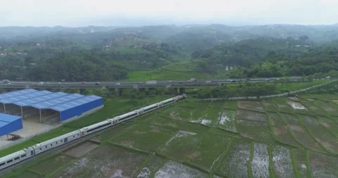 Aerial View of Passenger Train Passing by a Curved Rail and Rice Field Stock Footage 131108898