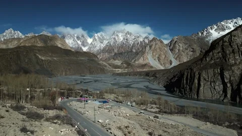 Aerial View of Passu Cones and Karakoram Highway. Stock Footage 237025313