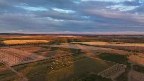 Aerial view of patchwork agricultural fields near Visonta, Hungary, at evening. Stock Footage 348032027