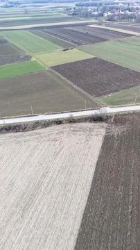 Aerial view of patchwork agricultural fields showcasing various shades of green, 스톡 사진