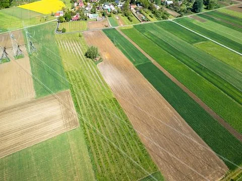 Aerial view of patchwork agricultural fields showing strip farming pattern with Stock Photos