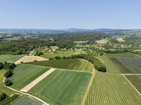 Aerial view of patchwork farmland and fields 스톡 사진