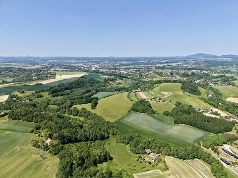 Aerial view of patchwork farmland and village landscape Fotos de archivo