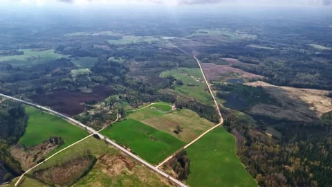 Aerial View of Patchwork Farmland With Crossroads and Forest Edge Stock Footage 333223544