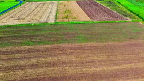 Aerial view of patchwork farmland with different crops and soil types in Stock Footage 282724024