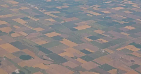 Aerial view of patchwork farmland with diverse crops during a clear day Stock Footage 305560631