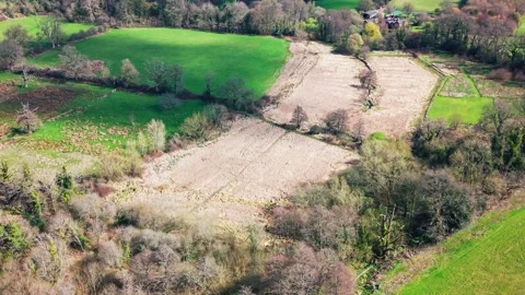 Aerial view of patchwork farmland fields and trees in countryside UK Video stock 333892380