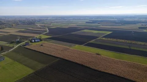 Aerial view of patchwork farmland landscape showcasing vibrant green fields and 스톡 사진