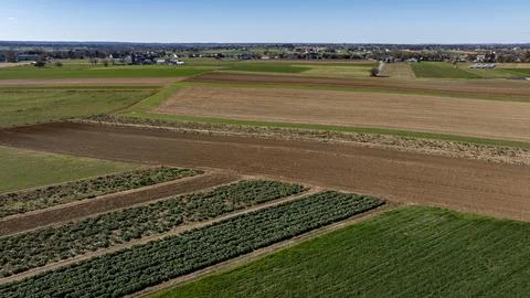 Aerial View of Patchwork Farmland Fotos de archivo
