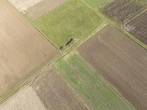 Aerial view of patchwork farmland showcasing various shades of brown and green Photos
