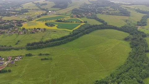 Aerial view of patchwork farmland with yellow canola fields, green pasture Stock Footage 346261570