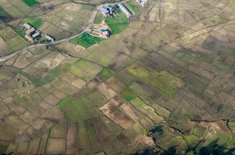 Aerial View of Patchwork Farmlands Stockfoto's