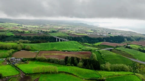 Aerial view of patchwork fields and rural farmland on Azores 스톡 동영상 321763911