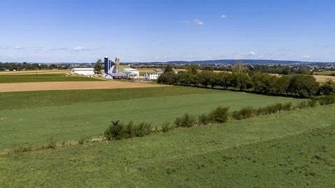 Aerial View of a Patchwork of Fields of Crops Growing, and a Farm Homestead Stock Photos