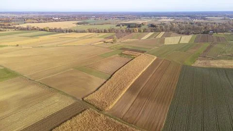 Aerial view of patchwork fields during autumn, showcasing various crops and Stock Photos