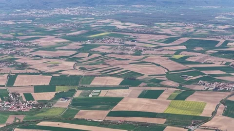 Aerial view of patchwork fields, France. Stockbeeldmateriaal 332704411