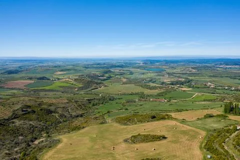 Aerial view of patchwork fields near Loarre Stockfoto's
