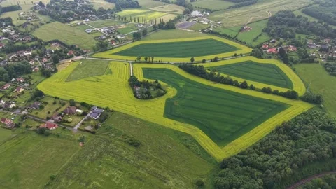 Aerial view patchwork fields with yellow canola borders surrounding emerald Stock Footage 347914092