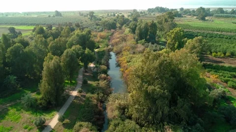 Aerial view of path along the north of the Jordan River Video stock 146018586