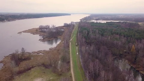 Aerial view of path on the river bank. Stock Footage 83249119