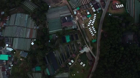 Aerial view of a peaceful rural landscape with greenhouses, open fields, and 動画素材 309004553