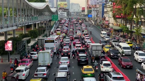 Aerial view of the peak traffic rush hour in Bangkok, Thailand 4K Stock Footage 236602732