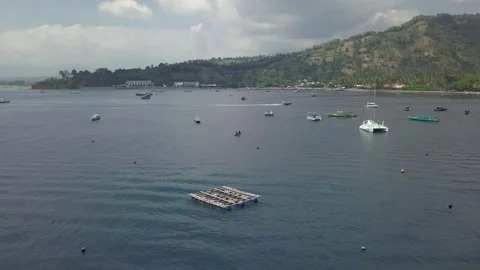 Aerial View of Pearl Farm Floating Cage and Boats in Lombok Bay Stock Footage 344924203
