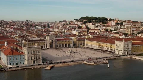 Aerial view of pedestrians at Praca do Comercio in Lisbon, Portugal Stock Footage 219012117