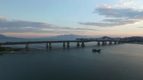 Aerial view Pedro Ivo Campos Bridge in Florianopolis. Santa Catarina. July, 2017 Stock Footage