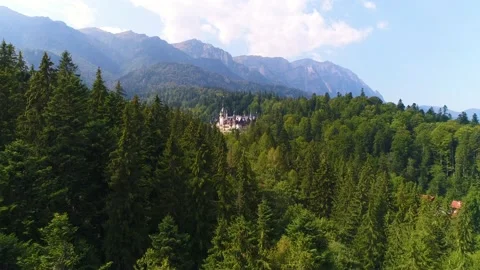 Aerial view of Peles Castle in the forest. Sinaia. Romania. Video stock 150663768