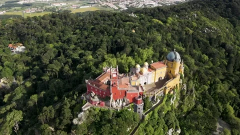 Aerial view of Pena Castle at sunset, Sintra, Lisbon, Portugal. Stock Footage 154369390