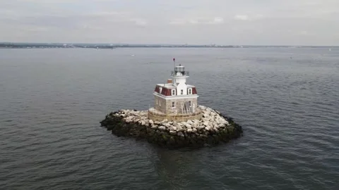 Aerial view of Penfield Reef Lighthouse, Fairfield, Connecticut, United States. Stock Footage 249797566