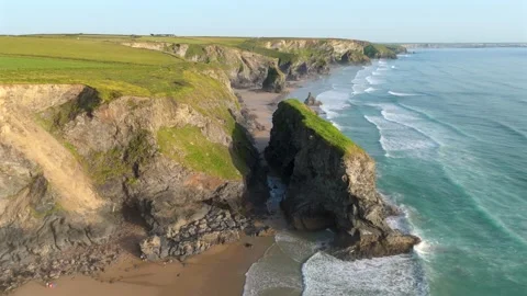 Aerial view of Pentire Steps Beach in Newquay, United Kingdom. Stock Footage 337333013