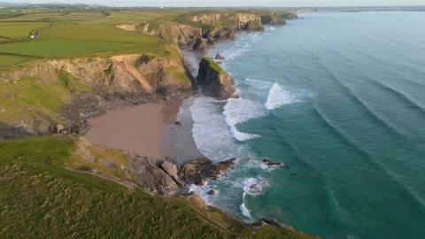 Aerial view of Pentire Steps Beach in Newquay, United Kingdom. Stock Footage 337333067