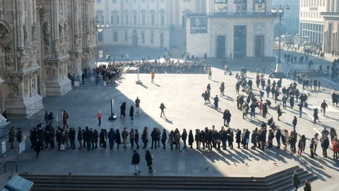 Aerial View People in ordered queue in Dome Square (Piazza Duomo) in Milan,Italy Stock Footage 101558749