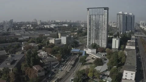 Aerial view of Peremohy Square and cars passing from main road. Stock Footage 231998964