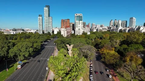 Aerial view of Persian column in Buenos Aires skyline and avenue traffic Video stock 335044598