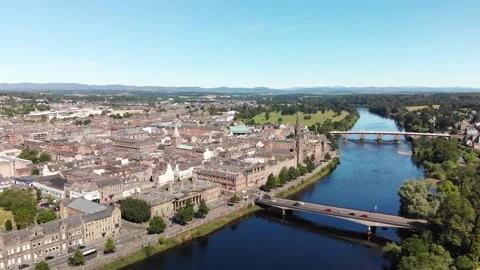 Aerial view of Perth and River Tay on a beautiful summer day. Scotland, Stock Footage 201190645