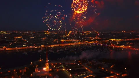 Aerial view of Peter and Paul Fortress, fireworks, Neva river, Saint Petersbu Stock-Footage 130389055