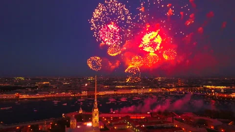 Aerial view of Peter and Paul Fortress, fireworks, Neva river, Saint Petersbu Vidéo 130389101