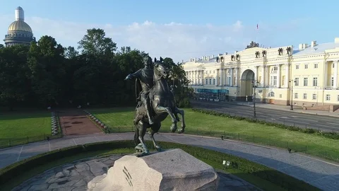 Aerial view on Peter The Great, The Bronze Horseman in Saint-Petersburg. Stock Footage 100688804