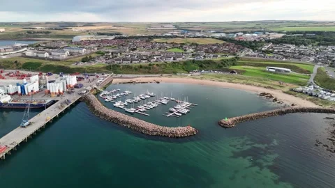 Aerial View of Peterhead Harbor and Fishing Fleet in Scotland Stock Footage 331303075