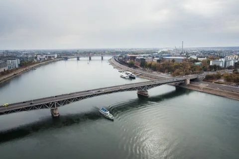 Aerial view of Petofi Bridge while Boat cruising. Budapest, Hungary Stock Photos