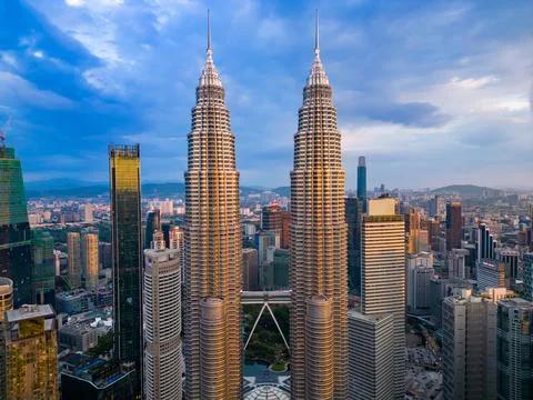 Aerial view of the Petronas Twin Towers in the city skyline. Malasia. Kuala Stock Photos