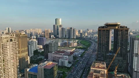 Aerial View of Pham Hung Road and Modern Hanoi Skyline, Vietnam Vidéo 344742541